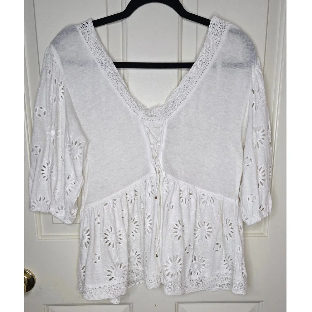 Free People White Eyelet Lace Babydoll Peplum Top Women's Large Boho Cottagecore